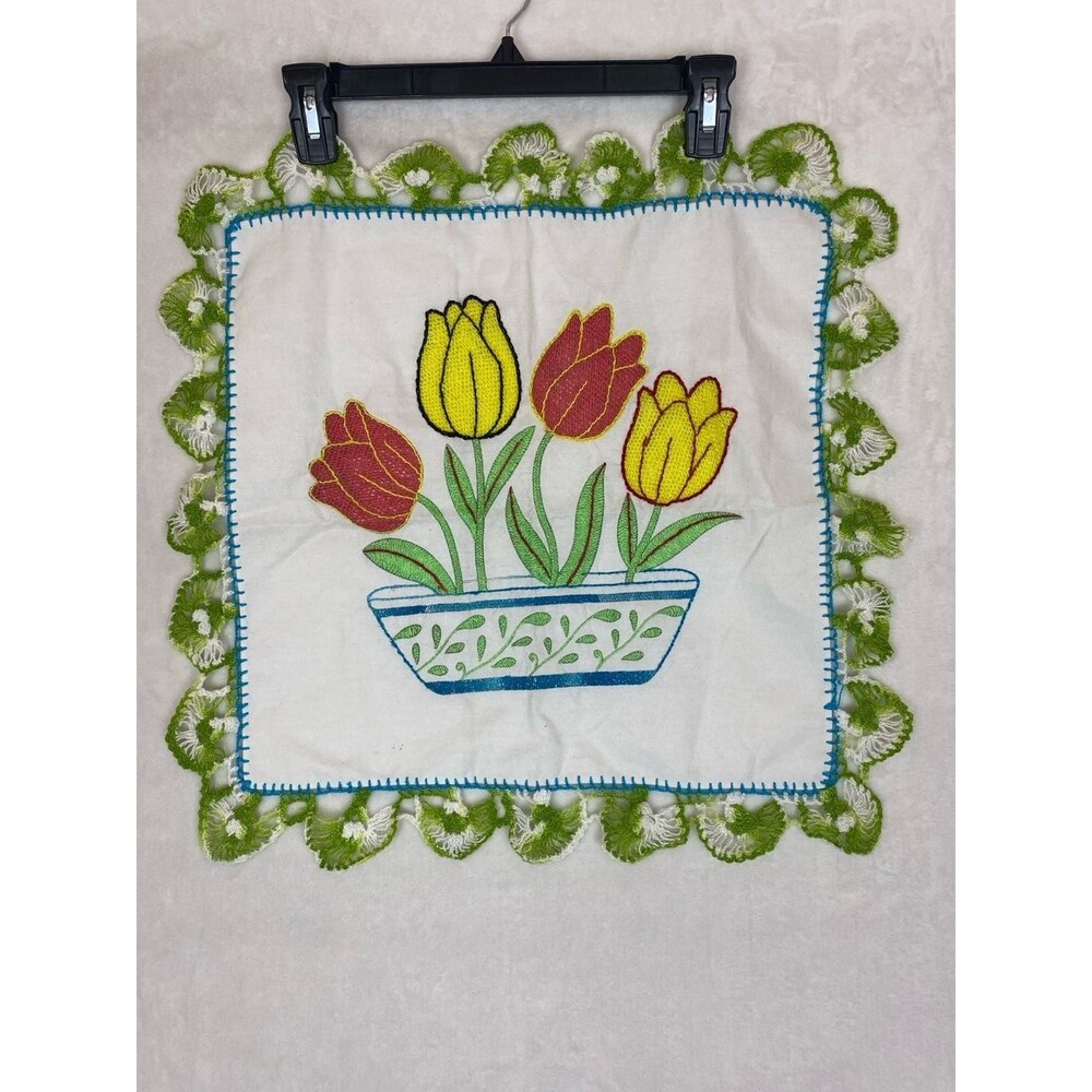 Vintage Handmade Embroidered Tulip Flower Pot Doily with Green Crochet Lace Trim